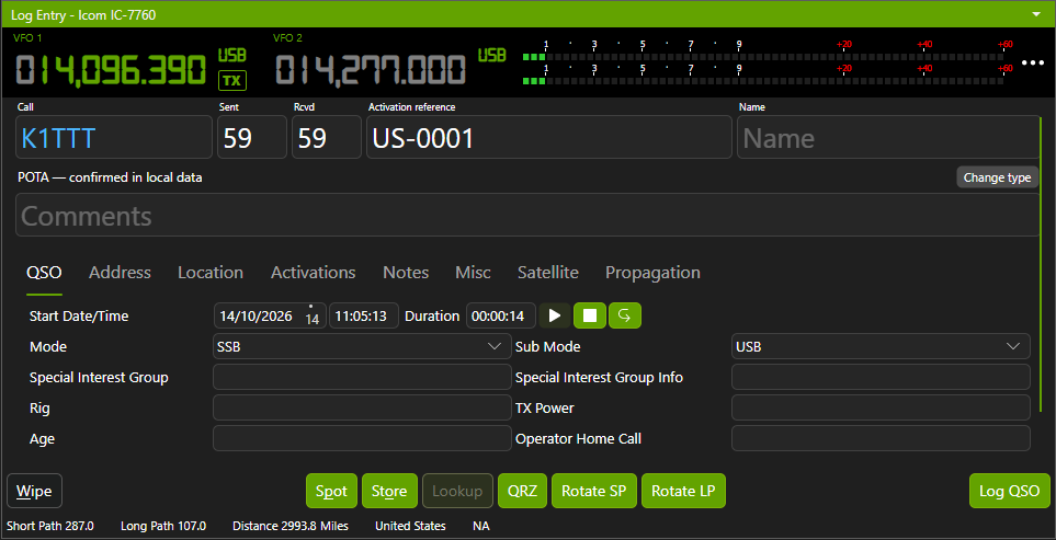 QSO Director log entry window in normal mode showing all QSO fields