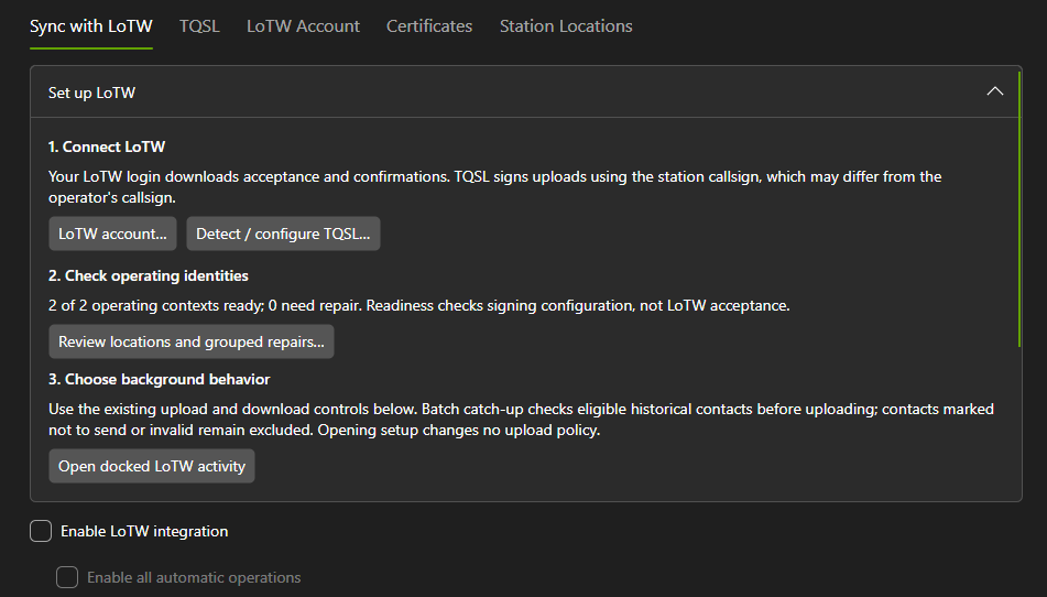 QSO Director LoTW configuration showing integration with an existing TQSL installation and automatic certificate discovery.