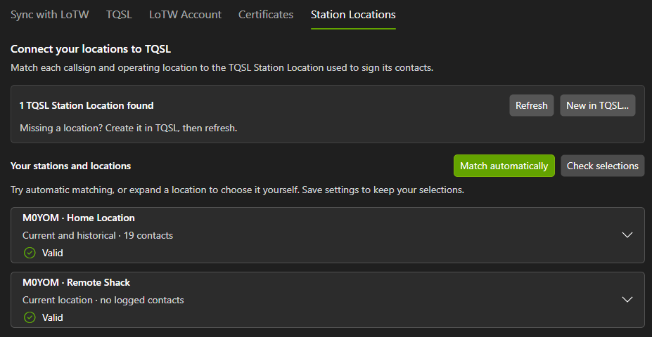QSO Director LoTW settings showing associations between operating stations and TQSL station locations.